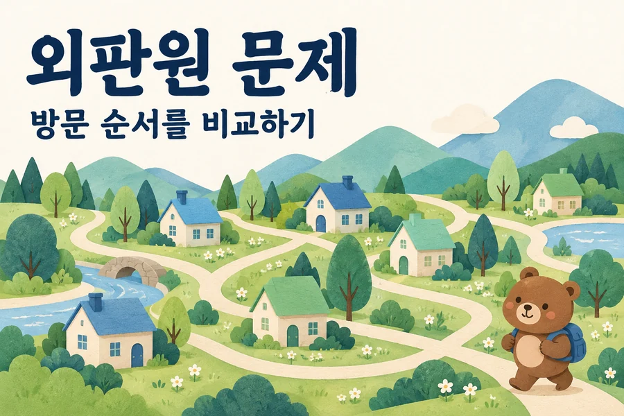 외판원 문제: 모든 방문 순서를 비교하고 출발점으로 돌아오기 주제를 표현한 밝은 일러스트와 작은 곰 표지