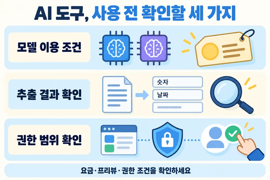 AI 도구 이용 전 모델 요금 조건, 추출 값의 정확성, 권한 범위를 확인하는 세 가지 기준
