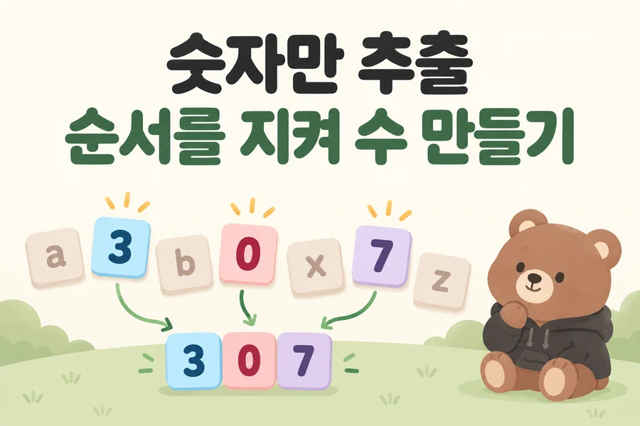 설명용 문자열 a3b0x7z에서 숫자 타일 3, 0, 7을 순서대로 골라 307을 만드는 그림과 오른쪽 아래 갈색 곰