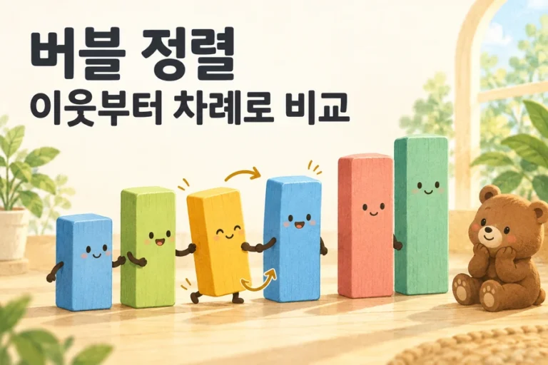 버블 정렬: 이웃 비교로 가장 큰 값을 뒤에 확정하기 주제를 표현한 밝은 일러스트와 작은 곰 표지