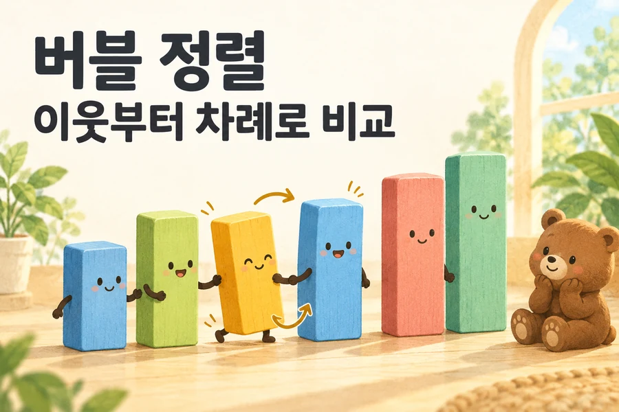 버블 정렬: 이웃 비교로 가장 큰 값을 뒤에 확정하기 주제를 표현한 밝은 일러스트와 작은 곰 표지
