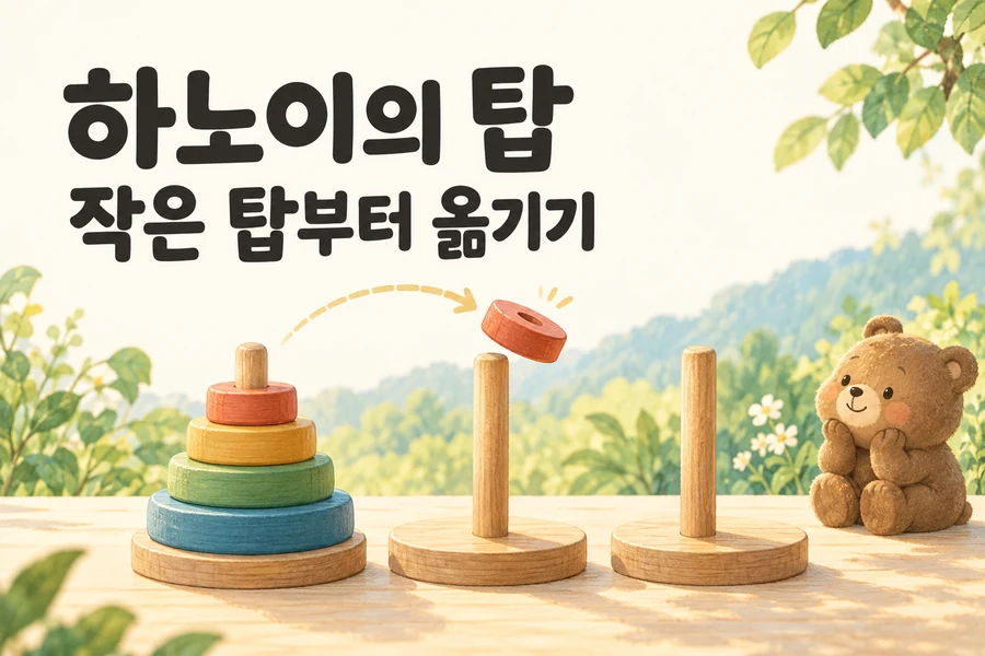 하노이의 탑: 큰 원판 하나를 옮기기 위한 재귀적 순서 주제를 표현한 밝은 일러스트와 작은 곰 표지