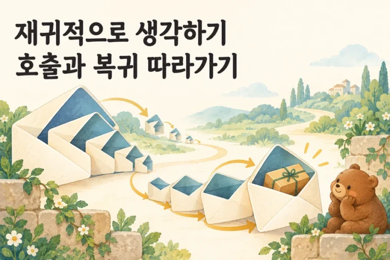 재귀적으로 생각하기: 배열 합의 호출과 복귀를 따라가기 주제를 표현한 밝은 일러스트와 작은 곰 표지