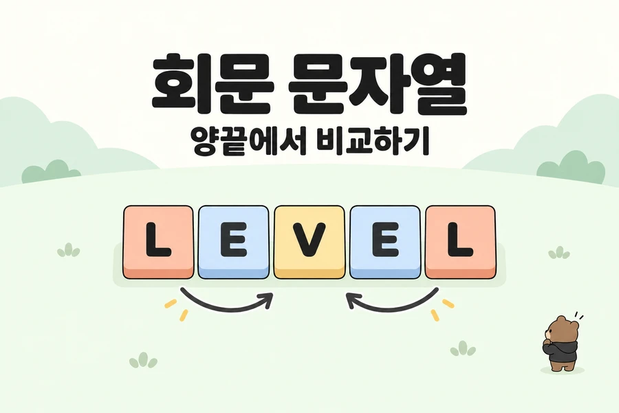 양끝에서 같은 문자를 비교하는 회문 문자열을 표현한 파스텔색 LEVEL 타일과 오른쪽 아래 작은 BlogFlow 곰 캐릭터