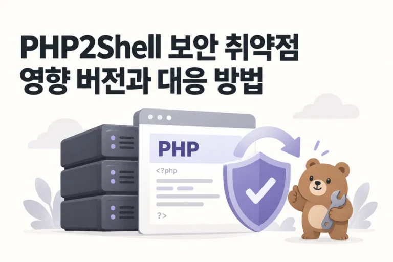 PHP2Shell 보안 취약점과 업데이트 대응을 표현한 서버, 방패, 작은 곰 일러스트