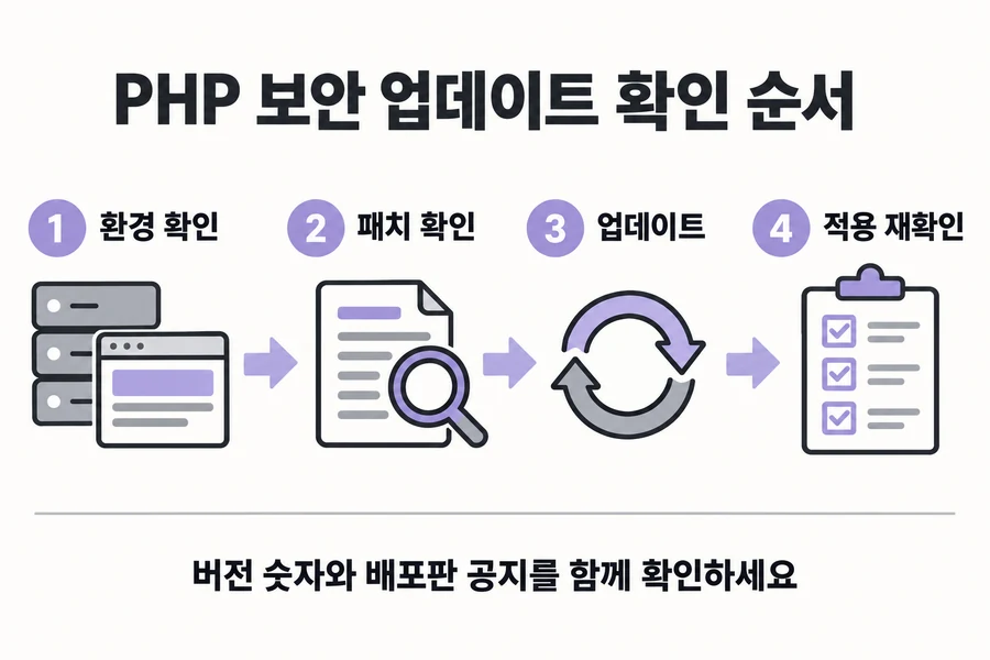환경 확인, 패치 확인, 업데이트, 적용 재확인 순서로 진행하는 PHP 보안 업데이트 점검 흐름